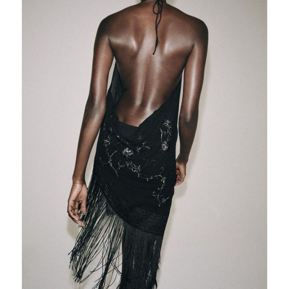 NEW ZARA ZW Collection Women Embroidered Macrame Fringe Halter Top Black - Picture 5 of 8